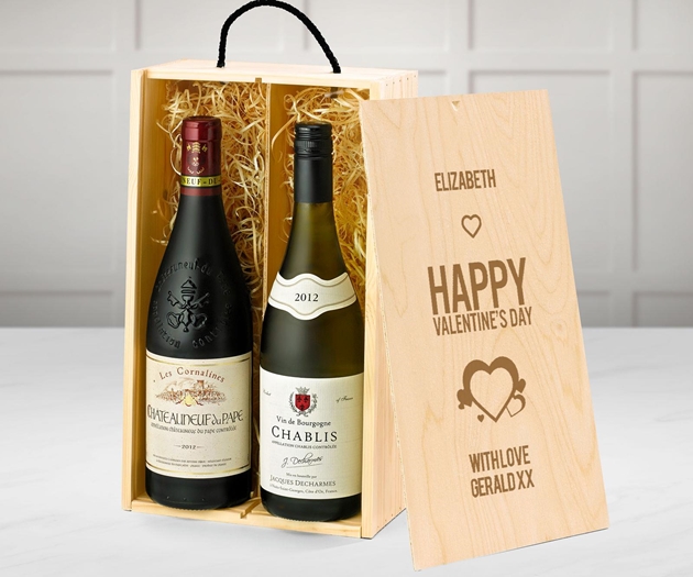 Valentine's Day Premium French Red & White Wine Gift Box With Engraved Personalised Lid